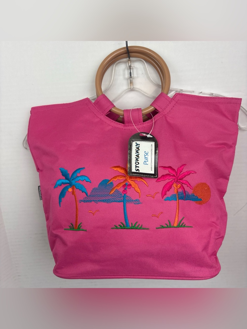 Stowaway Purse Beach Bag Palm Tree Embroidered Pink Ring Plastic Handles New Tag